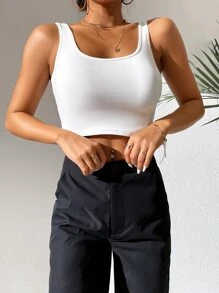SHEIN PETITE Solid Crop Tank Top - White - View 5