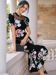 Modelyn Đầm Tương phản Mesh Viên lá sen Trọn gói Hoa Thanh lịch - màu đen - Xem 1