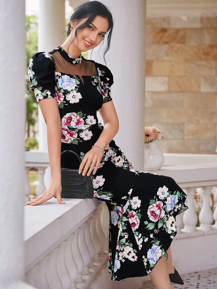 Modelyn Đầm Tương phản Mesh Viên lá sen Trọn gói Hoa Thanh lịch - màu đen - Xem 1