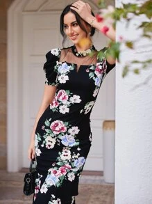 Modelyn Đầm Tương phản Mesh Viên lá sen Trọn gói Hoa Thanh lịch - màu đen - Xem 3