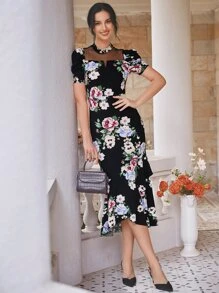 Modelyn Đầm Tương phản Mesh Viên lá sen Trọn gói Hoa Thanh lịch - màu đen - Xem 4