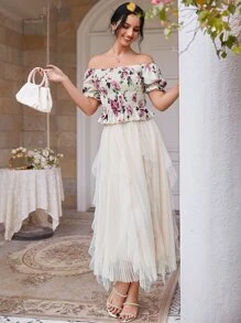 Seusyu Floral Print Off Shoulder Shirred Blouse - White - View 6