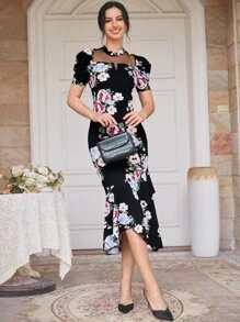 Modelyn Đầm Tương phản Mesh Viên lá sen Trọn gói Hoa Thanh lịch - màu đen - Xem 5