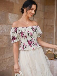 Seusyu Floral Print Off Shoulder Shirred Blouse - White - View 7