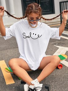 SHEIN EZwear Letter & Cartoon Graphic Drop Shoulder Tee - White - View 1