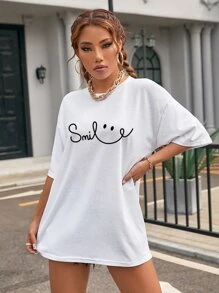SHEIN EZwear Letter & Cartoon Graphic Drop Shoulder Tee - White - View 3