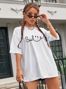 SHEIN EZwear Letter & Cartoon Graphic Drop Shoulder Tee - White - View 5