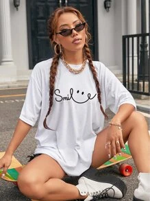 SHEIN EZwear Letter & Cartoon Graphic Drop Shoulder Tee - White - View 6