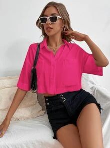 Chiquease Camisa de hombros caídos con parche de bolsillo - Rosa Fucsia - Ver 6
