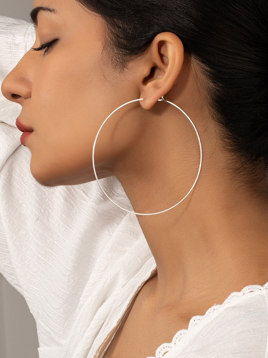 極簡風格圓耳環 - 銀色 - 查看 1