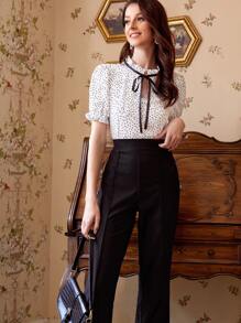 SHEIN Unity 繫帶領波卡圓點上衣 - 白色 - 查看 3