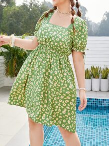 Plus Daisy Floral Puff Sleeve Dress - Multicolor - View 1