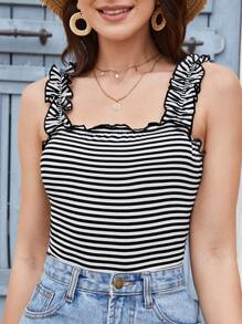 SHEIN Striped Print Frill Trim Tank Top - Black and White - View 1