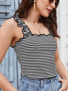SHEIN Striped Print Frill Trim Tank Top - Black and White - View 4