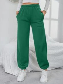 SHEIN EZwear 素色彈性腰帶斜口袋衛褲 - 綠色 - 查看 1