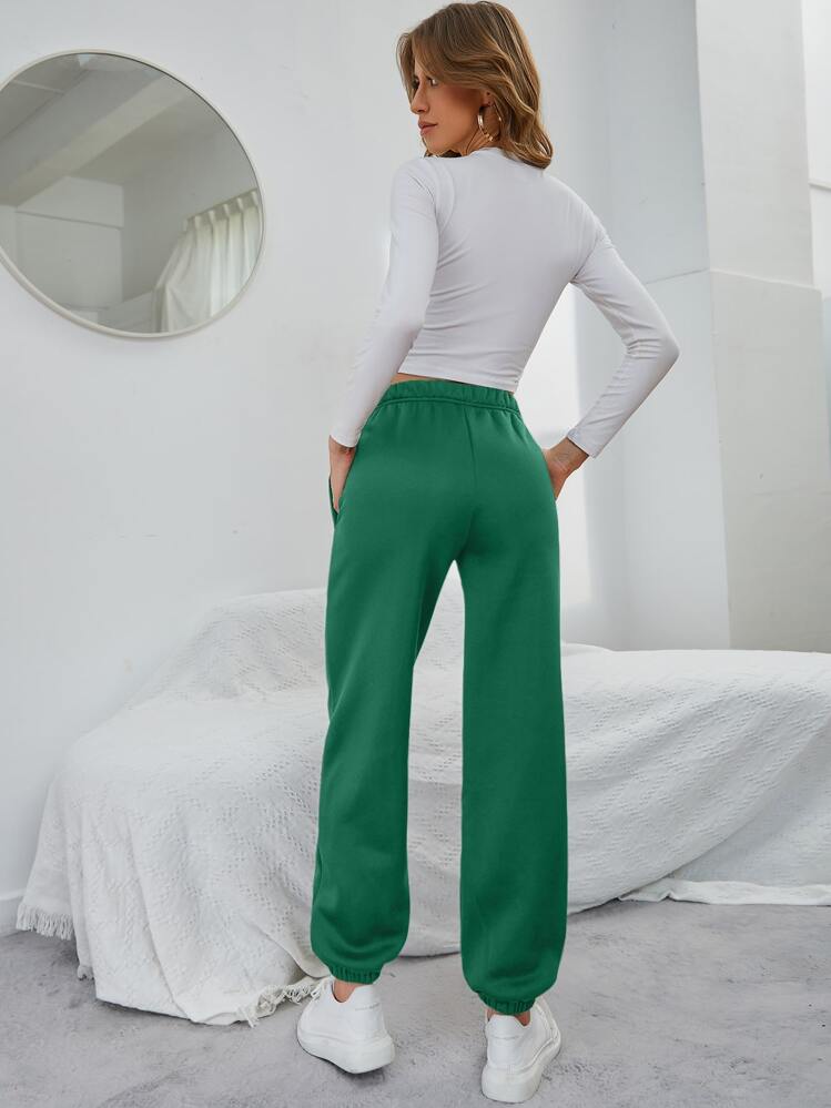 SHEIN EZwear 素色彈性腰帶斜口袋衛褲 - 綠色 - 查看 2