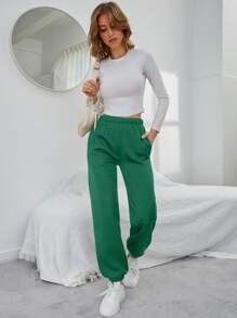 SHEIN EZwear 素色彈性腰帶斜口袋衛褲 - 綠色 - 查看 5