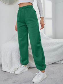SHEIN EZwear 素色彈性腰帶斜口袋衛褲 - 綠色 - 查看 6
