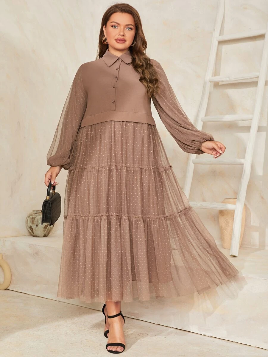 Modelyn Vestido de manga farol bajo con fruncido de malla - Marrón Mocha - Ver 1