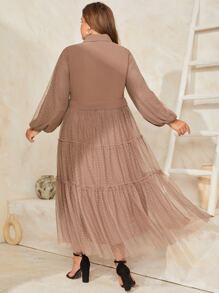 Modelyn Vestido de manga farol bajo con fruncido de malla - Marrón Mocha - Ver 2