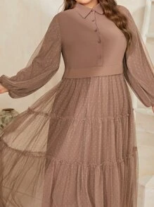 Modelyn Vestido de manga farol bajo con fruncido de malla - Marrón Mocha - Ver 5