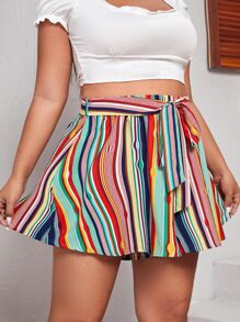 SHEIN Unity 大碼條紋圖案腰帶闊腿短褲 - 彩色 - 查看 1