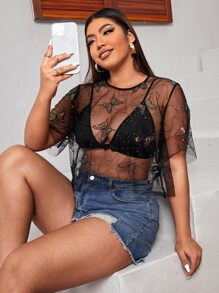 SHEIN Plus Butterfly Sequin Mesh Top Without Bra - Black - View 1