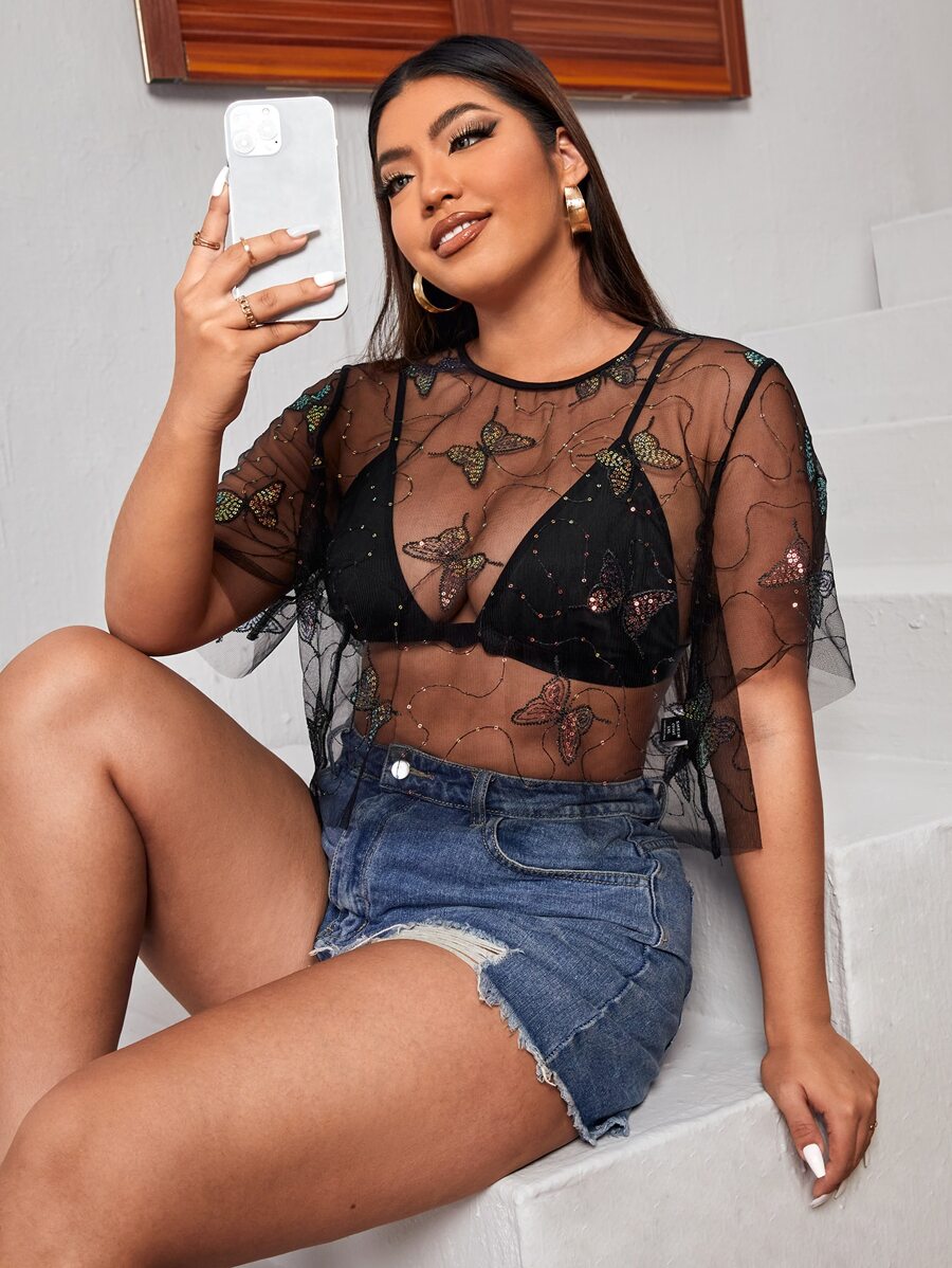 SHEIN Plus Butterfly Sequin Mesh Top Without Bra - Black - View 1
