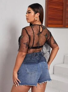 SHEIN Plus Butterfly Sequin Mesh Top Without Bra - Black - View 2