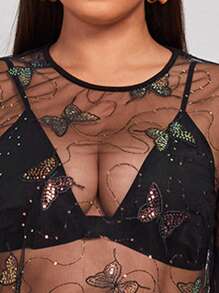 SHEIN Plus Butterfly Sequin Mesh Top Without Bra - Black - View 3