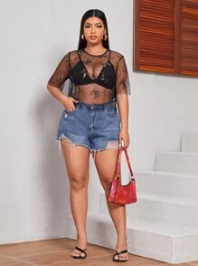 SHEIN Plus Butterfly Sequin Mesh Top Without Bra - Black - View 4