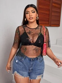 SHEIN Plus Butterfly Sequin Mesh Top Without Bra - Black - View 5