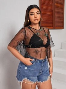 SHEIN Plus Butterfly Sequin Mesh Top Without Bra - Black - View 6