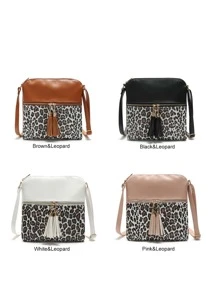 Tassel Decor Leopard Graphic Square Bag, Mother's Day Gift For Mom - Black - View 1