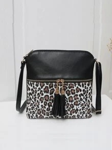 Tassel Decor Leopard Graphic Square Bag, Mother's Day Gift For Mom - Black - View 2