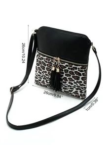 Tassel Decor Leopard Graphic Square Bag, Mother's Day Gift For Mom - Black - View 4