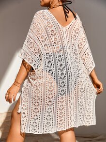 SHEIN Swim Curve Summer Beach Plus Plain Hollow-Out Cover Up - Apricot - View 2