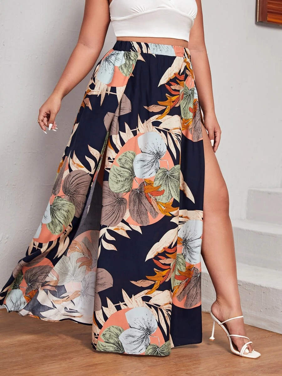 SHEIN VCAY 大碼高衩植物圖案半身裙 - 彩色 - 查看 1