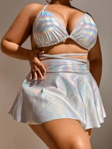 Plus Size Metallic Lace Up Triangle Bikini Set & Beach Skirt Summer Beach