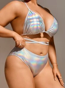 Plus Size Metallic Lace Up Triangle Bikini Set & Beach Skirt Summer Beach