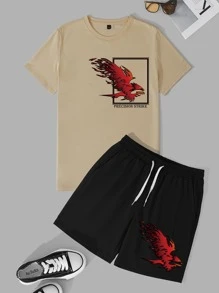 Manfinity Men Eagle & Letter Graphic Tee & Drawstring Shorts - Multicolor - View 1