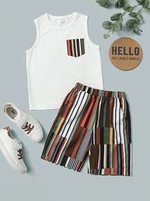 SHEIN Boys Striped Pocket Tank Top & Shorts Set - Multicolor - View 1