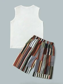 SHEIN Boys Striped Pocket Tank Top & Shorts Set - Multicolor - View 2