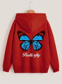 SHEIN EZwear 字母與蝴蝶印花加絨內裏拉鏈連帽衫 - 紅色 - 查看 1