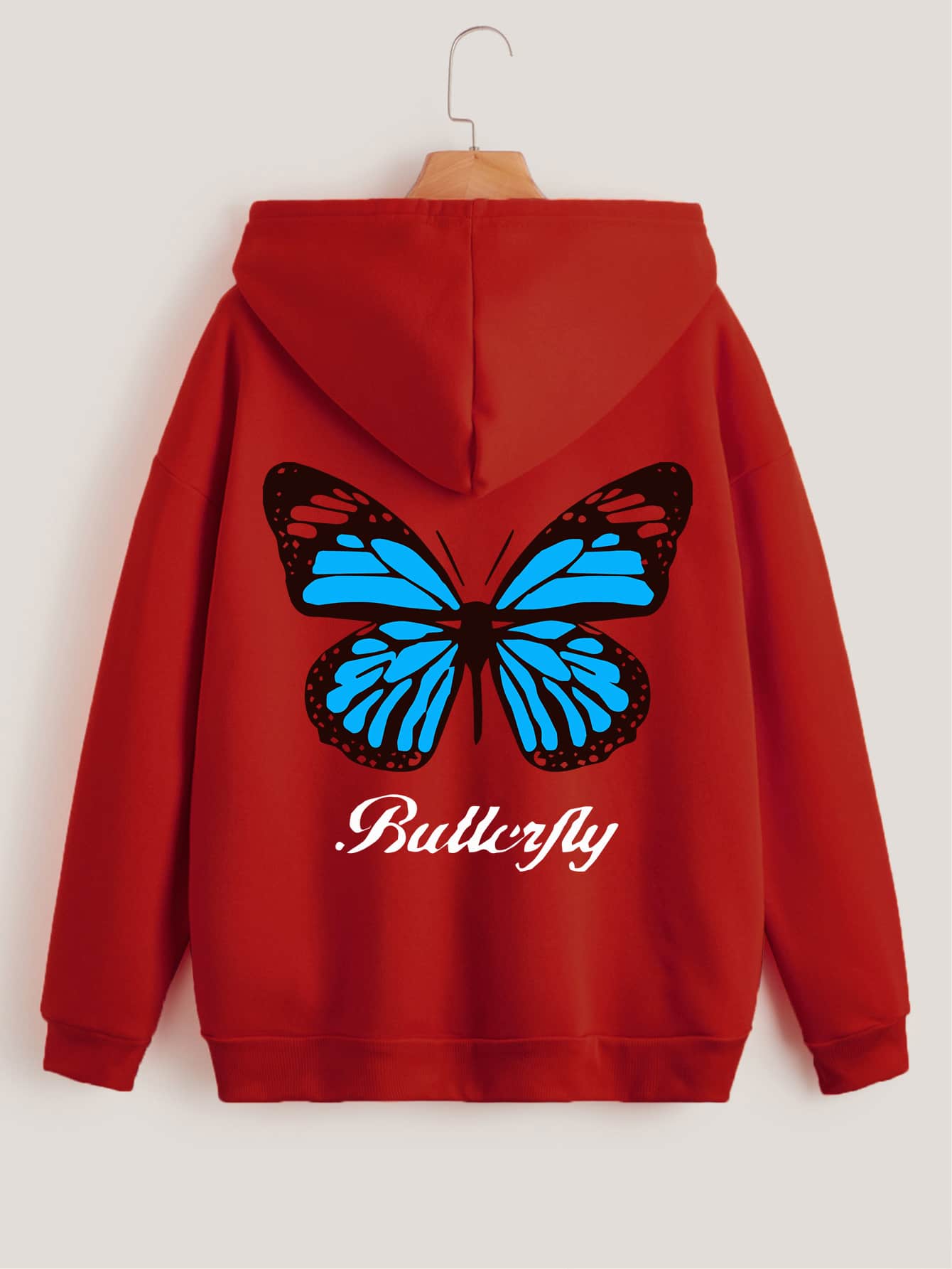 SHEIN EZwear 字母與蝴蝶印花加絨內裏拉鏈連帽衫 - 紅色 - 查看 1