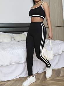 SHEIN SXY Bộ đồ hai mảnh nữ Tương phản ràng buộc Sọc Thể thao - màu đen - Xem 1