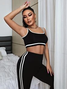 SHEIN SXY Bộ đồ hai mảnh nữ Tương phản ràng buộc Sọc Thể thao - màu đen - Xem 5