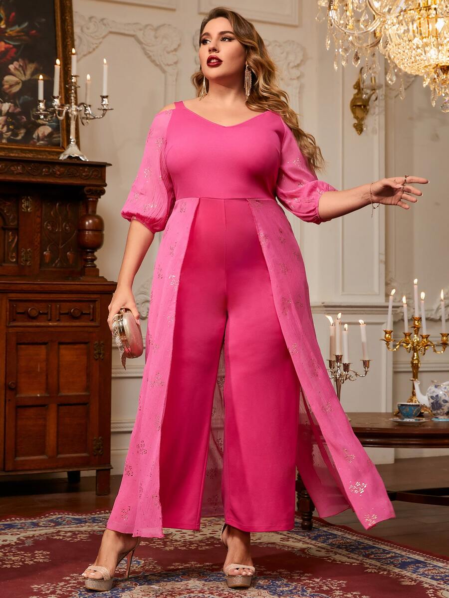 Mulvari Plus Ditsy Floral Pattern Cold Shoulder Jumpsuit - Hot Pink - View 1