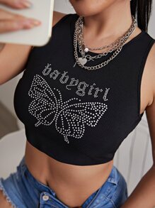 SHEIN SXY Áo hai dây Pha lê kim cương Lá thư Loại bướm Giải trí - màu đen - Xem 1