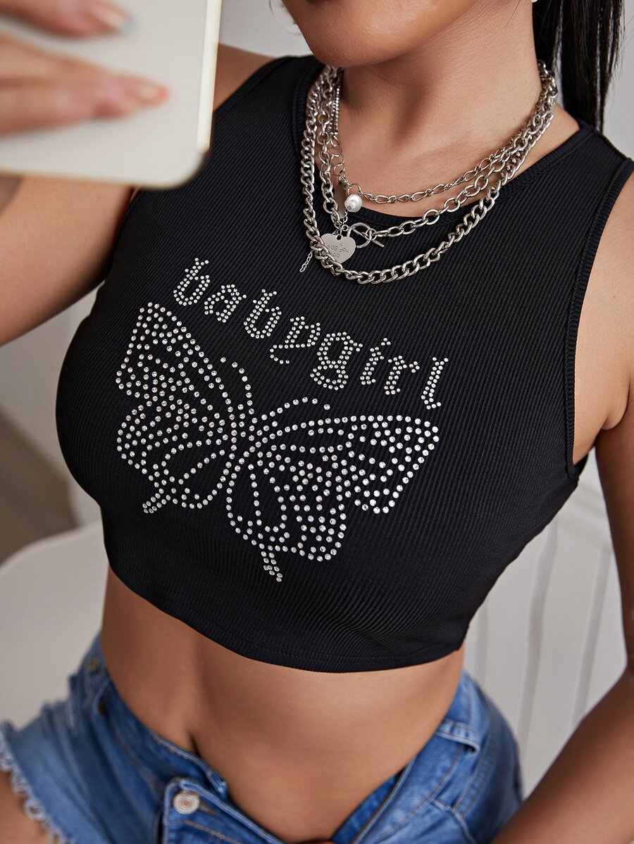 SHEIN SXY Áo hai dây Pha lê kim cương Lá thư Loại bướm Giải trí - màu đen - Xem 1